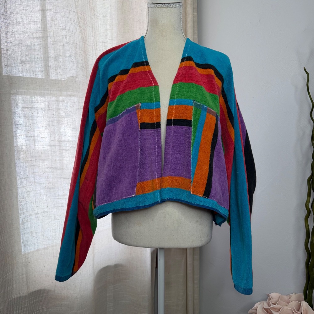 Handmade Vintage Towel Jacket Colorful Striped Cropped Pockets Upcycled One Size